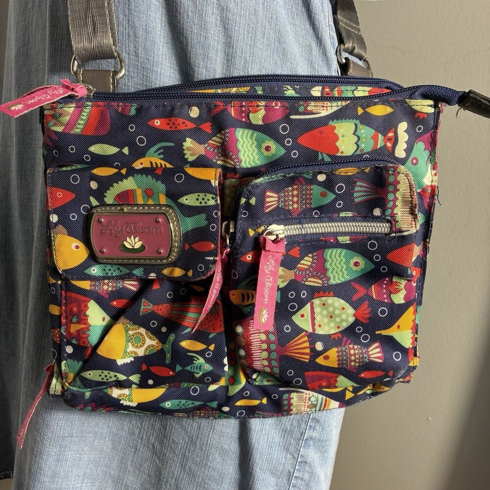 Lily Bloom Crossbody Bag Multicolor Fish Print  many Pockets compartments
